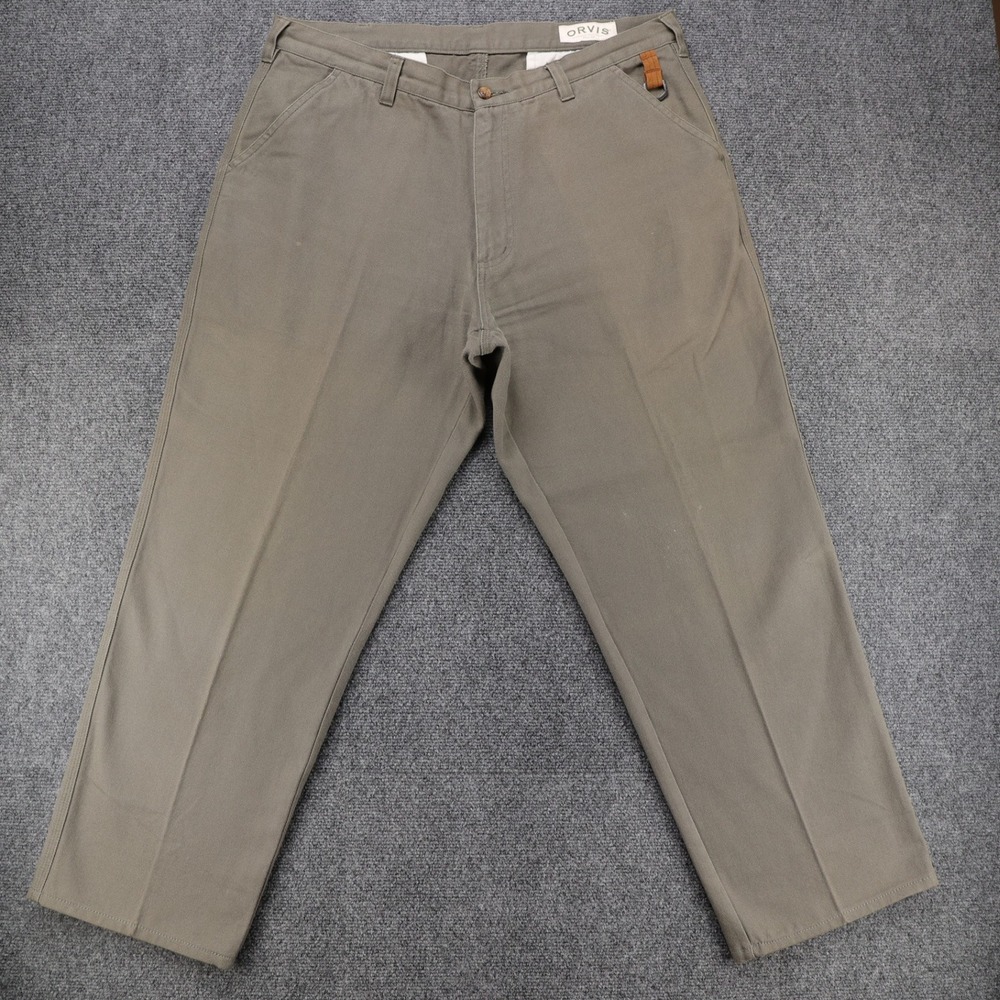 Orvis Mens Canvas Field Pants Leather Trim Heavyweight Cotton Olive Drab Size 38